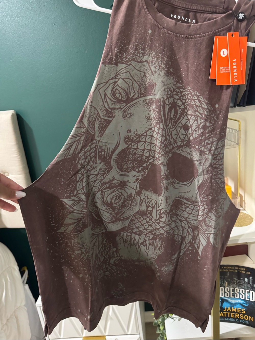 YoungLA Brown Graphic Asymmetrical Skull & Rose Skirt